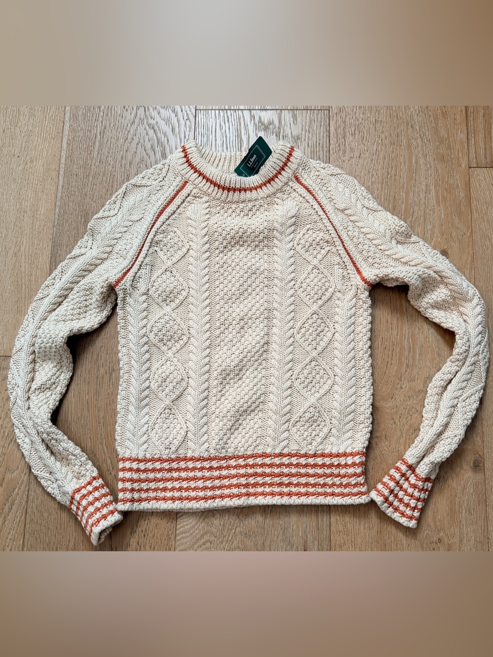 NWT L.L. Bean Signature Cotton Fisherman Sweater Cream Orange Stripe XS